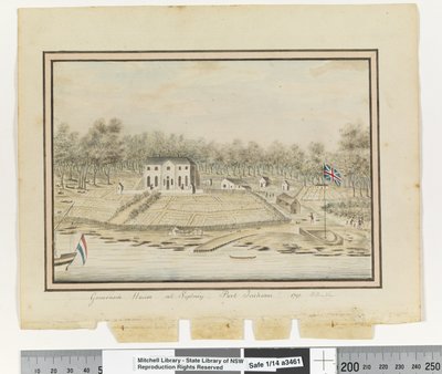 Opp. s. 225. "Kuvernöörin talo Sydneyssä, Port Jackson 1791", n. 1802 (akvarelli) tekijältä William Bradley