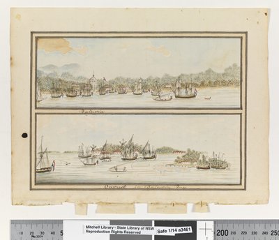 Opp. p. 292. "Batavia" ja "Onrust in Batavia Bay", n. 1802 (akvarelli) tekijältä William Bradley