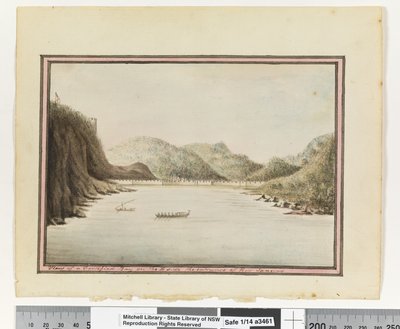 Opp. s. 39. "Näkymä linnoitettuun lahteen Rio Janeiron sisäänkäynnin itäpuolella", n. 1802 (akvarelli) tekijältä William Bradley