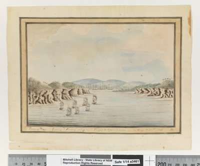 Opp. s. 56. `Kasvitieteellinen lahti. Sirius & Convoy tulossa: Supply & Agents Division in the Bay. 21. tammikuuta 1788, n. 1802 (akvarelli) tekijältä William Bradley
