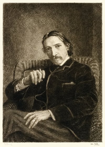 Robert Louis Stevenson (1850-1894), brittiläinen kirjailija, joka tunnetaan parhaiten myydyistä kirjoistaan Treasure Island, Kidnapped and the Strange Case of Tri Jekyll and Mr Hyde. Kuvitus William Brassey Hole (1 tekijältä William Brassey Hole