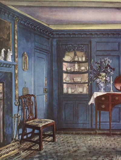 Sisustus: Ruokasali, jossa on laikukuvioidut siniset seinät (värilitografia). tekijältä William Bruce Ellis Ranken