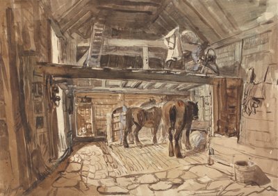 Tallin sisätilat, jossa hevosten ruokinta tekijältä William Burgess