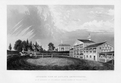 Sisäkuva Lontoon Astleys Amphitheaterista, sellaisena kuin se esiintyi vuonna 1777, 1840. tekijältä William Capon