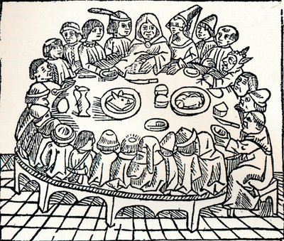 Canterburyn pyhiinvaeltajat istumassa yhteiselle aterialle, 1485 tekijältä William Caxton