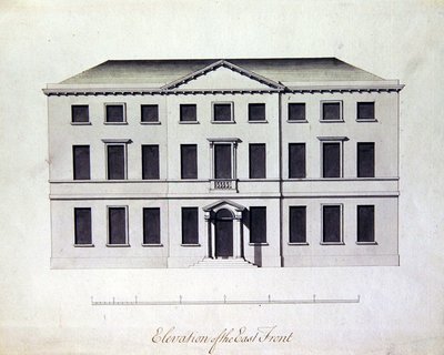 Suunnittelu Enville Halliin Staffordshiressa, n. 1770 (kynä ja muste harmaasinisillä pesuaineilla) tekijältä William Chambers