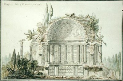 Suunnittelu raunioituneelle mausoleumille Walesin prinssille (1738-1820) 1752 (kynä, muste ja akvarelli paperille) tekijältä William Chambers