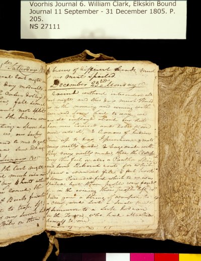 Clark Family Collection- nide 6. Elkskin Journal, sivu 205, 22.-23. Joulukuuta 1805 tekijältä William Clark