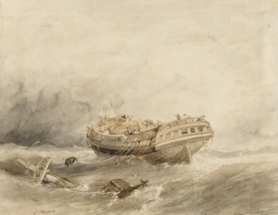 Kauppalaiva suistuu raiteiltaan myrskyä seuraavassa tyynessä säässä. Clarkson Stanfieldin (1793-1867) akvarelli (34,4x44,5 cm). tekijältä William Clarkson Stanfield