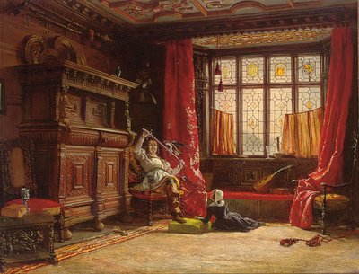 Kavalieri pimennetyssä sisustuksessa, lintu miekkassaan, 1843 tekijältä William Collingwood
