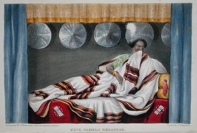 Kuningas Sahela Selassie majuri W. Cornwallis Harrisin teoksesta The Highlands of Aethiopia, kaiverrus W.L. Walton (fl.1834-55) ja Charles Joseph Hullmandel (1789-1850) julkaisivat 1844 (käsin sävytetty litho) tekijältä William Cornwallis (after) Harris