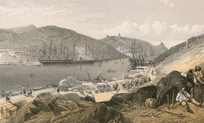 Balaklava, joka näyttää laiturien tilan ja laivaliikenteen, toukokuussa 1855 tekijältä William Crimea Simpson