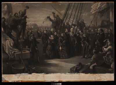 Englanti ja Amerikka. Hänen Majesteettinsa kuningatar Victorian vierailu arktisella Resolute-aluksella 16. joulukuuta 1856, n. 1859 (kaiverrus, tikkaus, kartonki). tekijältä William 