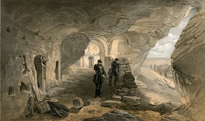 Kaivettu kirkko Inkermannin luolastossa, näkymä länteen. tekijältä William Crimea Simpson