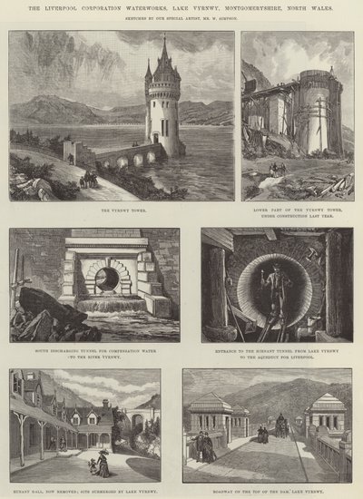 Liverpool Corporationin vesilaitos, Vyrnwy-järvi, Montgomeryshire, Pohjois-Wales tekijältä William Crimea Simpson