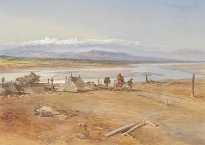 Chenab-joki, Punjab, 1865 (wc ja guassi paperilla) tekijältä William Crimea Simpson