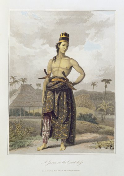 Javan in Court Dress, pl. 6 Thomas Stamford Bingley Rafflesin (1781-1826) pubin "The History of Java" osasta I. 1817 (värillinen akvatinta) tekijältä William Daniell