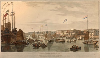 Eurooppalaiset kauppapaikat (Itä-Intian yhtiöt) Kantonissa, Kiinassa. Piirsi ja kaiversi William Daniell (1769-1837) 1805. tekijältä William Daniell