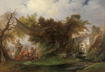Intialainen maisema hahmoilla lähellä puroa (öljy kankaalle) tekijältä William Daniell