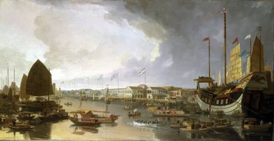Yleiskatsaus eurooppalaisiin tehtaisiin Kantonissa (Kiina), kuvauksia Guangdong-joen (tai Pearl Riverin) navigoinnista ja monenlaisista veneistä. tekijältä William Daniell