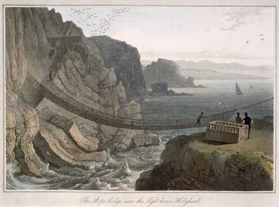 Köysisilta lähellä Holyheadin majakkaa, Holyhead, vuodelta 1829, julkaisusta "A Voyage Around A Great Britain Undertaken between the Years 1814 and 1825" (Matka Ison-Britannian ympäri vuosina 1814-1825). tekijältä William Daniell