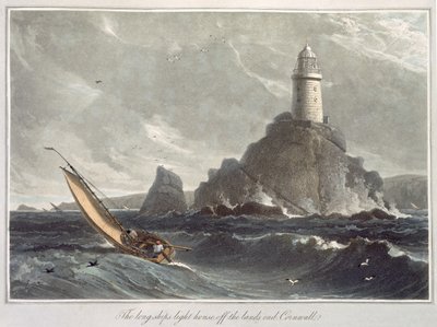 The longships lighthouse of Lands End, Cornwall, osa I osasta "A Voyage around Great Britain Undertaken between the Years 1814-1825", julkaistu 1814 (akvatinta) tekijältä William Daniell