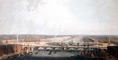 Näkymä Lontooseen sataman parannuksilla ja kaksoissillalla. William Daniel (akvatinta) lähettänyt alahuoneen valitulle komitealle tekijältä William Daniell