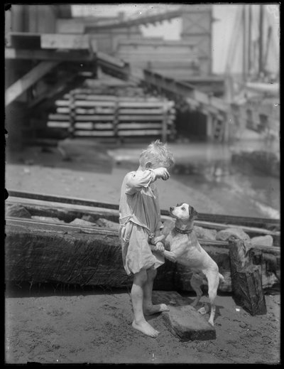 Paljasjalkainen poika, mahdollisesti William Gray Hassler, leikkii koiran kanssa joen tai järven rannalla, New York, n. 1910 tekijältä William Davis Hassler
