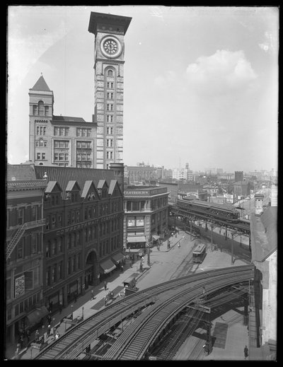 Korkeakulmanäkymä Flatbush Avenuen ja Fulton Streetin risteyksestä, Brooklyn, New York, 5. syyskuuta 1914 tekijältä William Davis Hassler