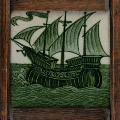 Laivojen laattapaneeli täydessä purjeessa, kehyksessä, n.1865-80 (keraaminen) tekijältä William de Morgan