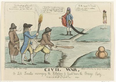 Englantilainen sarjakuva Hollannin sisällissodasta, 1787 Sisällissota tai Lordi Lunatic rohkaisee hollandeja kaatamaan Orange Partyn (otsikko esineessä) tekijältä William Dent