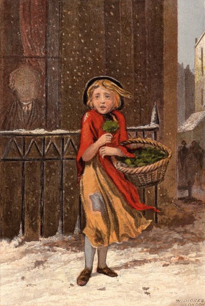 Köyhä tyttö myy vesikrassia lumisella kadulla (chromolitho) tekijältä William Dickes
