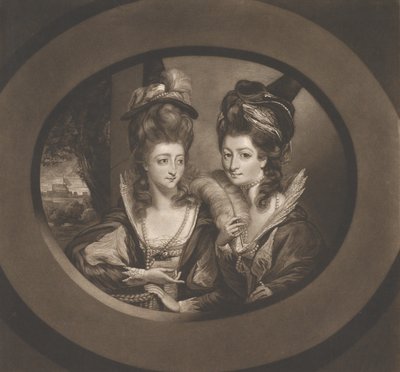 Rouva Gwyn ja rouva Bunbury Windsorin iloisten vaimojen hahmoissa, 1780. tekijältä William Dickinson