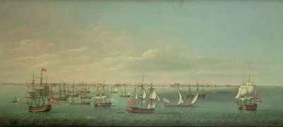 Brittiläisiä, ranskalaisia, portugalilaisia ja espanjalaisia kauppiaita ja sotamiehiä Cadizin edustalla tekijältä William Dixon
