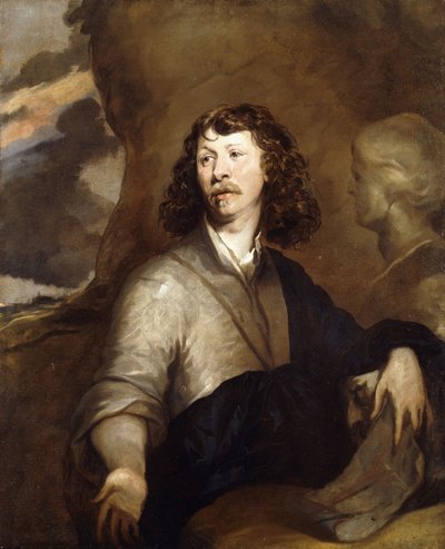 Muotokuva herrasmiehestä, mahdollisesti taiteilijasta, puolipitkä, ruskeassa viitassa ja sinisessä kääreessä, marmoririntakuvan vieressä, kalliomaisemassa, tekijältä William Dobson