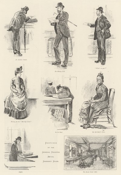 Luonnoksia Somerset Housen yleisrekisteritoimistossa (General Register Office). tekijältä William Douglas Almond