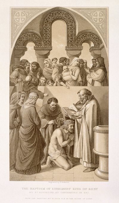 Kentin kuningas Ethelbertin (n. 552-616) kaste, jonka Pyhä Augustinus suoritti Canterburyssa vuonna 597, englantilaisen ja skotlantilaisen historian kuvituksista, osa I. tekijältä William Dyce