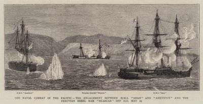 Merivoimien taistelu Tyynellämerellä, HMS Shahin ja Amethystin ja Perun kapinallisen Ram Huascarin välinen taistelu Ilon edustalla, 29. toukokuuta tekijältä William Edward Atkins