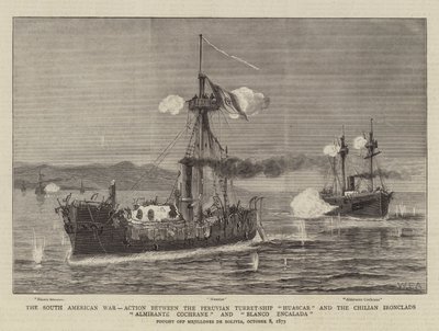 Etelä-Amerikan sota, toiminta perulaisen tornilaiva Huascarin ja chilen rautakuisten Almirante Cochranen ja Blanco Encaladan välillä tekijältä William Edward Atkins