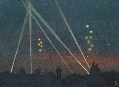 Valonheittimet pommi-iskun aikana (akvarelli paperille) tekijältä William Ernest Buchanan