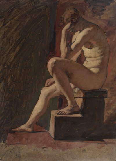 Istuva alaston mies, pää lepää kättä vasten, vasen jalka lohkon päällä tekijältä William Etty