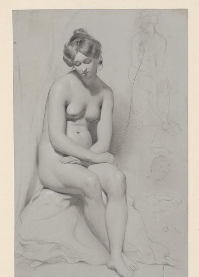 Istuva alaston naismalli korkealla leikkauksella, piirretty uudelleen sen viereen tekijältä William Etty