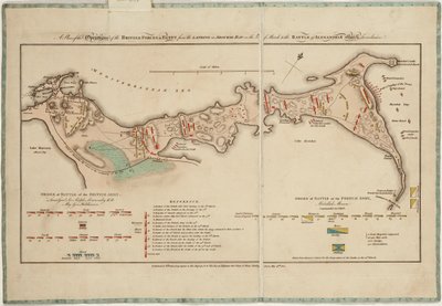 Suunnitelma brittijoukkojen operaatioista Egyptissä Aboukirin lahdelle 8. maaliskuuta tapahtuneesta maihinnoususta Aleksandrian taisteluun 21. maaliskuuta mukaan lukien. tekijältä William Faden