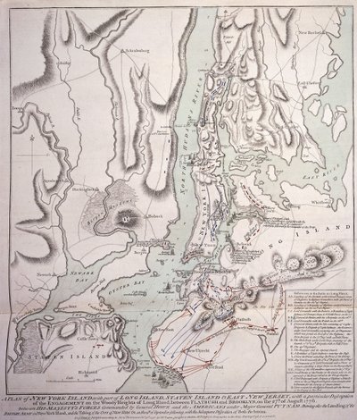 Suunnitelma New York Islandista osan Long Islandista, Staten Islandista ja East New Jerseystä sekä kihlauksesta Long Islandin Woody Heightsilla brittiläisten joukkojen välillä kenraali Sir William Howen komennossa tekijältä William Faden