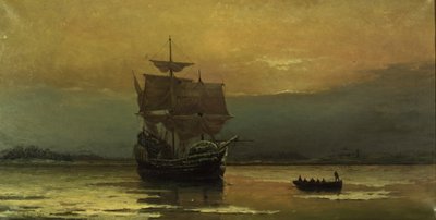 Mayflower saapuessaan Plymouthin satamaan, 1882. tekijältä William Formby Halsall