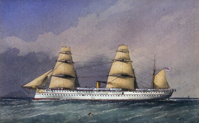 HMS "Jumna" (1866), rautarunkoinen kuninkaallisen laivaston alus, jolla kuljetettiin joukkoja Intian niemimaalta ja takaisin. Akvarelli tekijältä William Frederick Mitchell