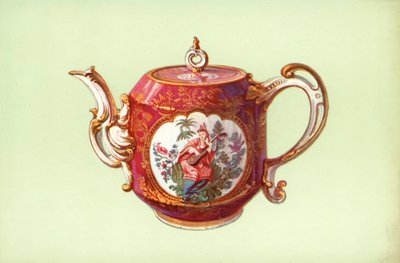 Teekannu, Chelsea, Claret-väri, Watteaun hahmoilla (väri litho) tekijältä William Gibb