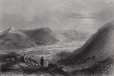 Gerizim-vuori ja Nablouksen laakso Ebal-vuorelta (kaiverrus) tekijältä William H. Bartlett