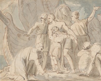 Historiallinen aihe miehillä ja pojalla lähellä laivaa recto..., 1770-80. tekijältä William Hamilton