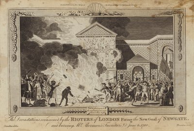 Lontoon mellakoitsijoiden aiheuttamat tuhot, kun he ampuivat Newgaten uutta vankilaa. tekijältä William Hamilton